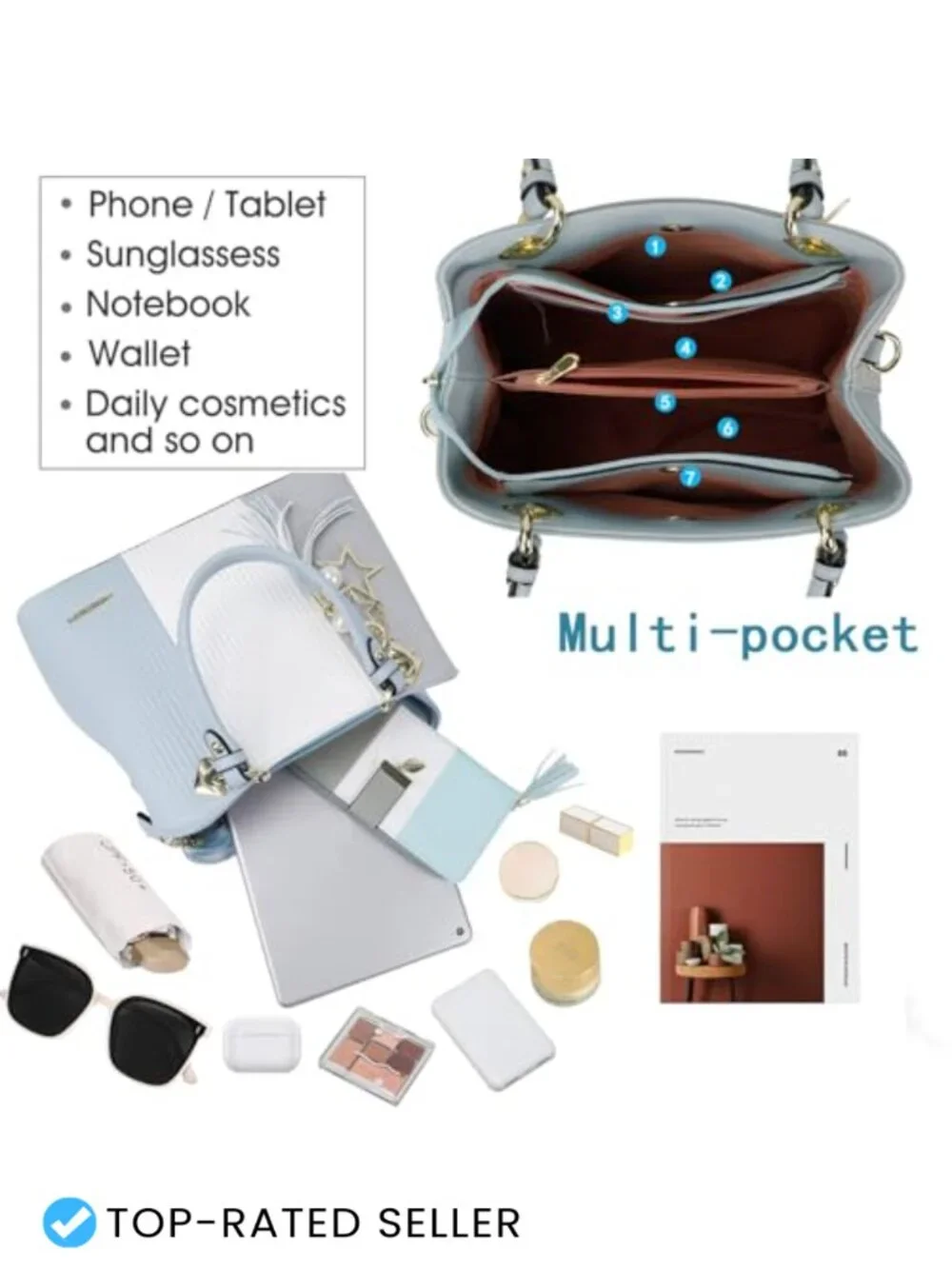 PU Leather Satchel Purse | Medium Top Handle Tote with Multiple Pockets,